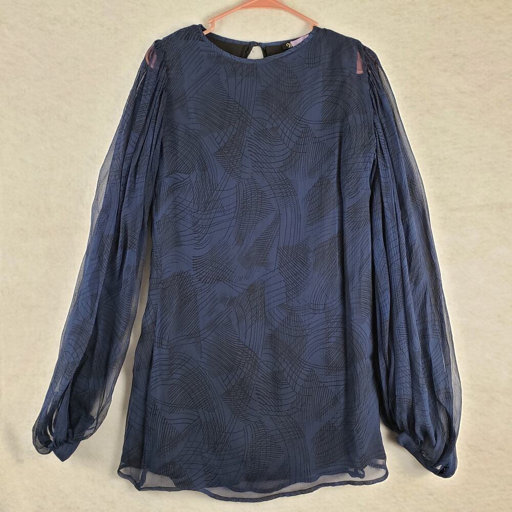Winter Kate‎ Women's S Balloon Sleeve Silk Tunic Blouse Blue Black Dark Abstract